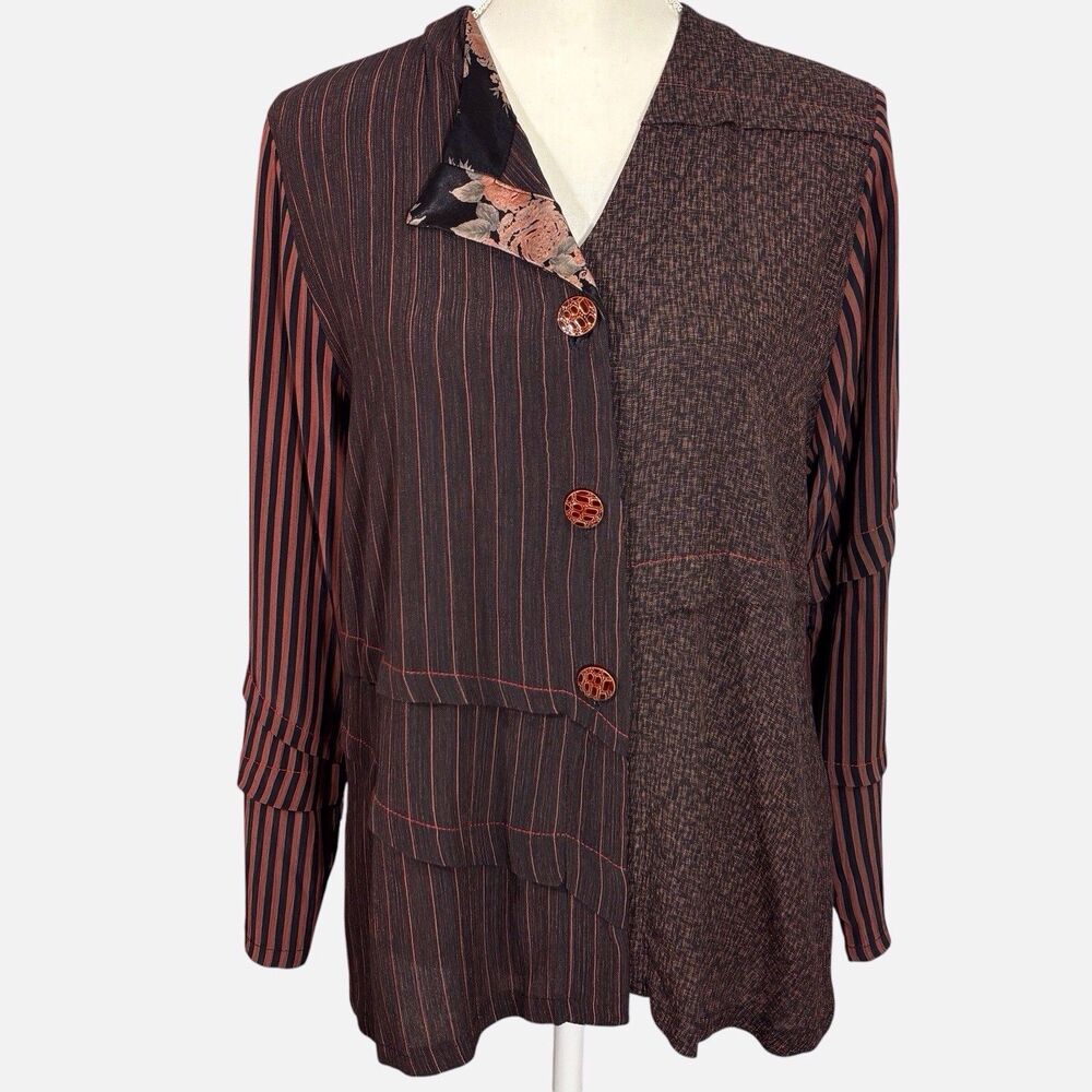 Vintage Staley Gretzinger Patchwork Mixed Media Small Top Lagenlook Brown Black